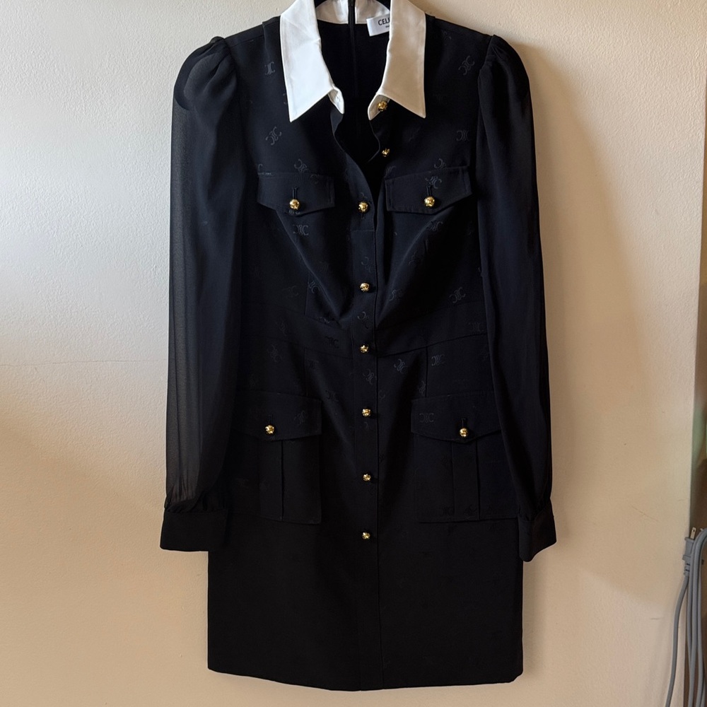 Celine-Black Dress with White Collar& Gold Celine Buttons-made in Italy-luxury - Picture 3 of 16